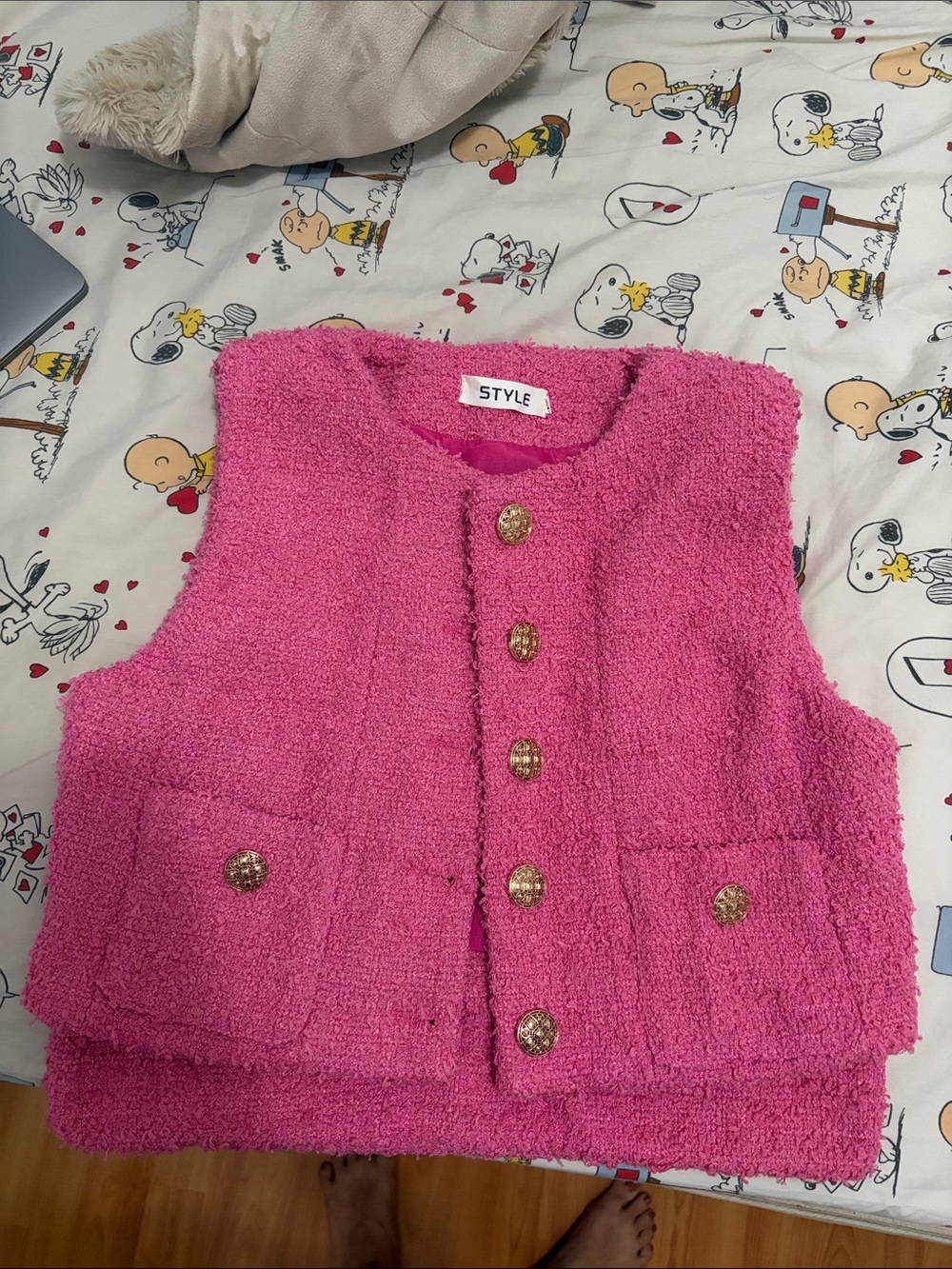 Bright Pink Bouclé Vest with Gold Buttons
